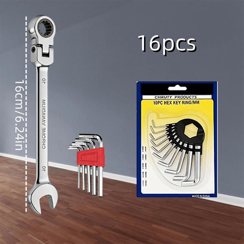 Conjunto de Chaves Inglesas Ajustáveis de 16 Peças, Catraca de 72 Dentes, Fabricado em Material CRV, Inclui Modelos Comuns, Ferramentas Manuais Essenciais para Carros e Reparações, e Manutenção Doméstica