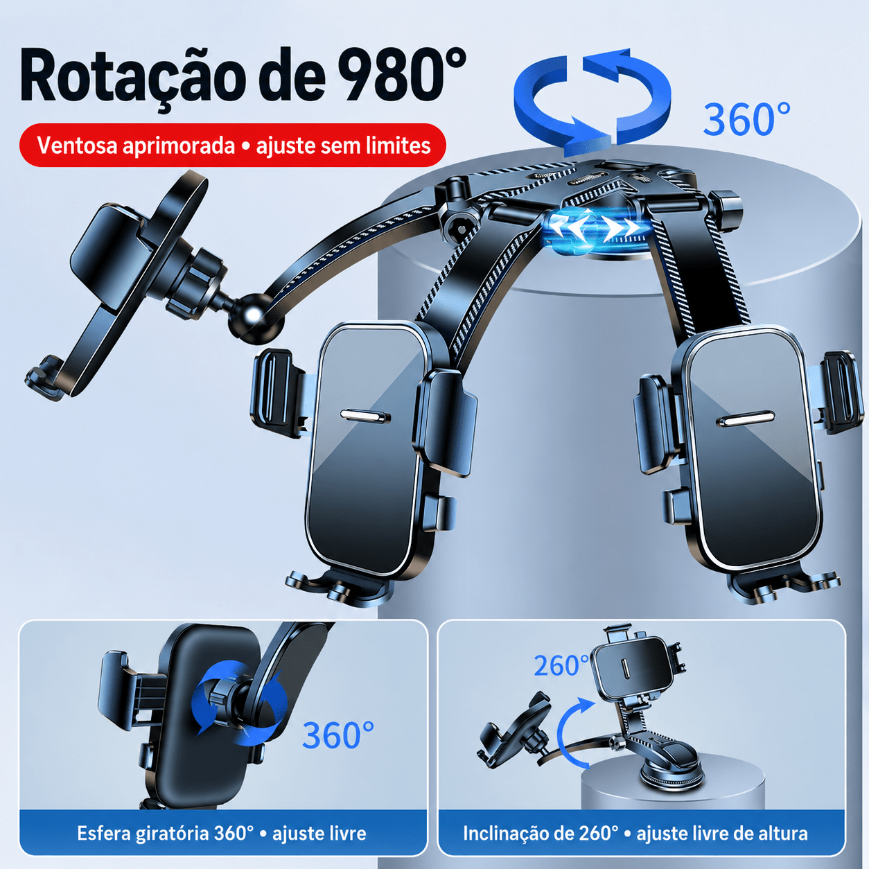 Suporte Premium para Celular no Carro, Base com Ventosa Reforçada, Braço Articulado com Ângulo Ajustável para o Painel do Carro
