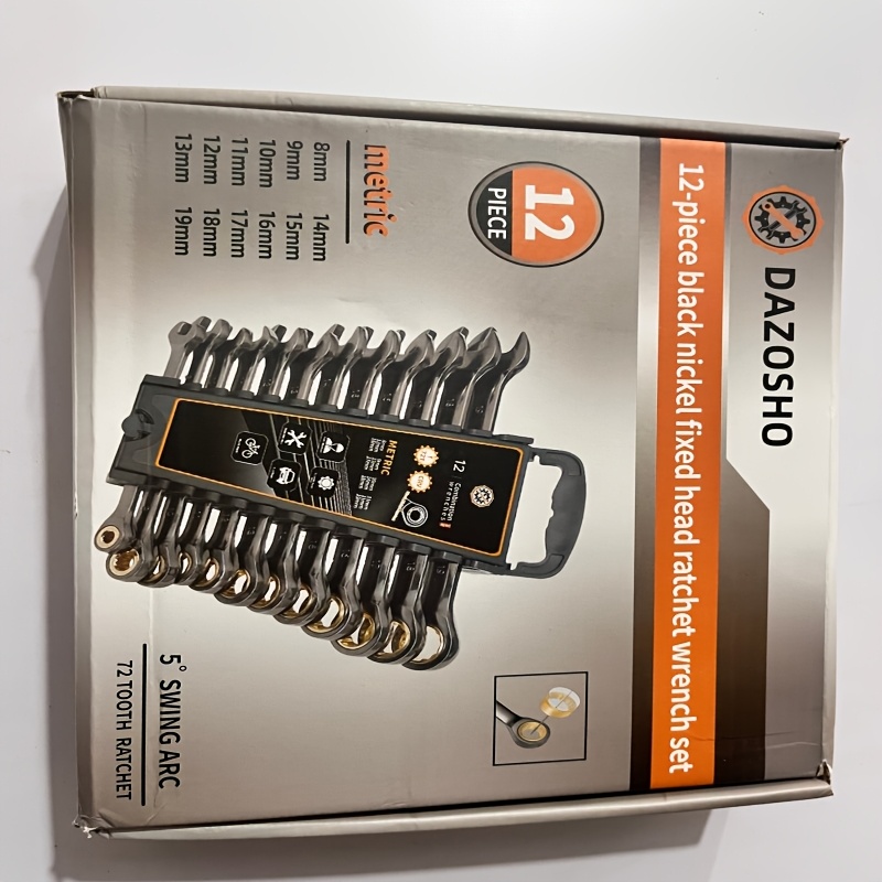 Conjunto de 12 Chaves Combinadas Catraca de Cabeça Fixa com 72 Dentes, Chave Métrica 8-19mm, Aço CR-V, Niquelado Preto, Kit de Ferramentas Manuais para Reparo de Manutenção de Automóveis e Bicicletas