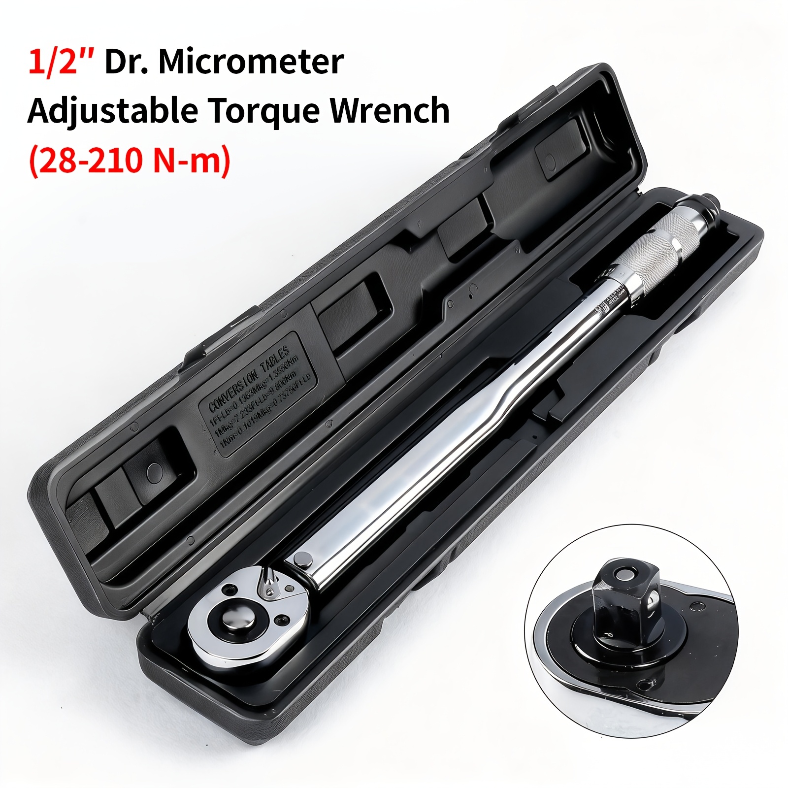 Chave de Torque Ajustável com Encaixe de 1/2", 28-210Nm / Encaixe de 3/8", 19-110Nm com Cabeça de Catraca Reversível, Ferramenta Bidirecional do Tipo Clique para Automóveis e Bicicletas