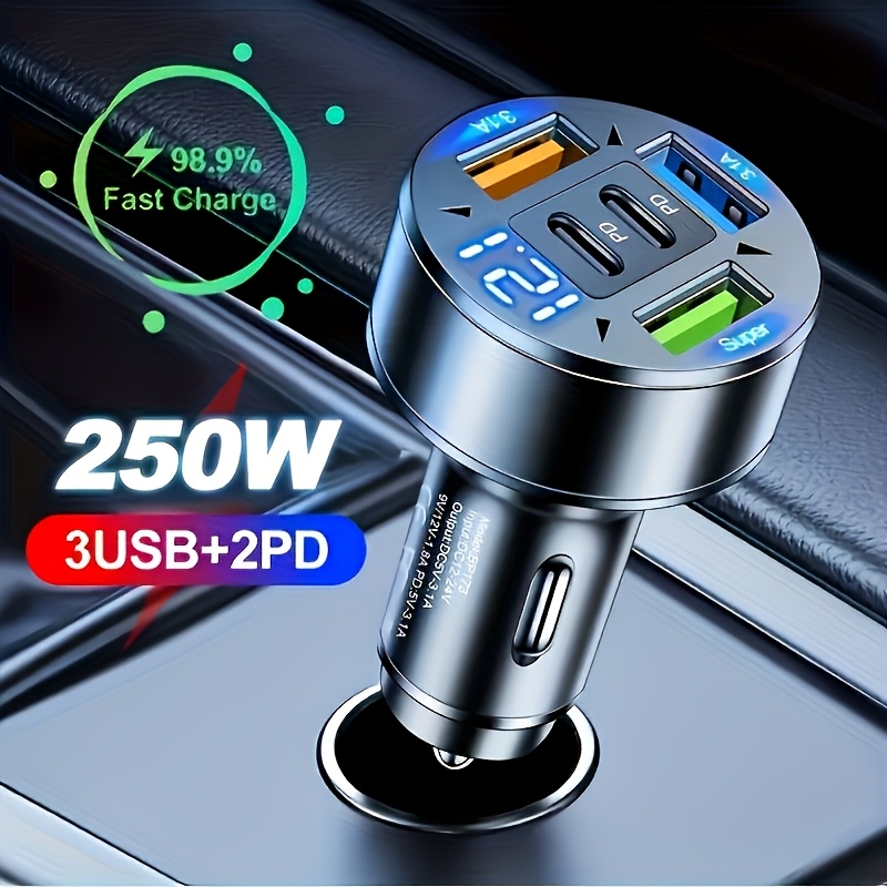 Carregador de Carro de Alta Potência 120W 2026: Carregamento Ultrarrápido, Saída de Alta Potência, Visor Digital, Múltiplas Portas USB, Compatível com Carregamento Rápido PD3.0, 3 Portas USB, 2 Portas de Carregamento Rápido PD, Capaz de Carregar Vários Dispositivos Simultaneamente. Adequado para