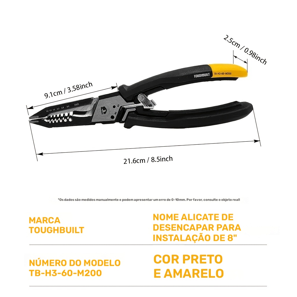 Alicate Descascador de Fios Multifuncional Toughbuilt 20,32 cm, Ferramenta de Reparo de Fiação Elétrica Automotiva, Cortador e Crimpador de Fios de Aço Cromo-Vanádio para Serviço Pesado para Modificação Automotiva e Instalação Elétrica